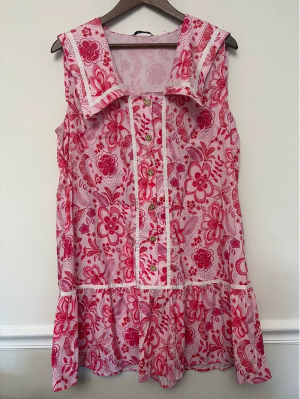 Pink Floral Sailor Collar Drop Waist Mini Dress